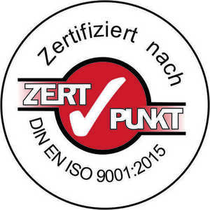 Ein rot-weißes, kreisförmiges Logo mit einem Häkchen und dem Text "Zertifiziert nach ZERT PUNKT DIN EN ISO 9001:2015" ist auf weißem Hintergrund zu sehen.