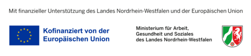 Logokombination des EU- und MAGS-Logos, nebeneinander, 4farbig (CMYK), mit Förderhinweis